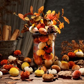 Newtay 60 Pcs Mini Velvet Pumpkins for Fall Home Decor 1 1/2" x 2" Small Velvet Pumpkins Assorted Fake Pumpkins Terracotta Fabric Plush Pumpkins for Fall Thanksgiving Home Decorations(Classic Color)