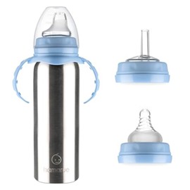 Biberón de acero inoxidable 3 en 1 – Recién nacido a niño pequeño y taza de pajita, aislante a prueba de fugas, edades de 0 a 4 años, 8 onzas, azul