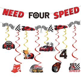 4th Birthday Decorations Boy Supplies - 10 Pcs Need Four Speed Birthday Banners Race Car Checked Flag Swirls For Boys Girls Happy 4 Year Old Boys Party Baby Shower Racing Ceiling Decoration