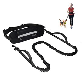 KEEWEI KEEWEI Hands Free Dog Leash with Zipper Pouch, Dual Padded Handle Dog Waist Belt, Retractable Bungee Leash with Reflective Stictches for Small & Medium Dog Running Walking Jogging Training, Black