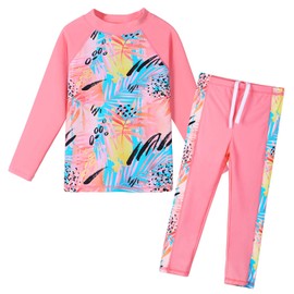 ZNYUNE 3 to 12 Years Girls Two Pieces Swimsuits UPF 50 Beachwear Top Shorts with Drawstring Summer Swimwears Pool Party Bathing Wetsuits Blue Pink Cute Pattern Swim Sets S361 Peach 10A