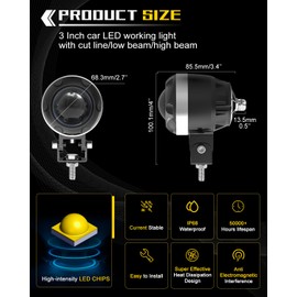 BraveWAY 3 Inch LED Off-Road Lights Round Motorcycle Fog Lights 120W 35000LM LED Auxiliary Driving Lights Yellow Fog Lights White/Amber Pod Lights for Off-road Car Motorcycle Truck SUV ATV UTV