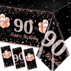 GREHUMOR 3Pcs 90th Birthday Tablecloth Decorations for Women-Rose Gold Pink Table Cloth Happy 90 Birthday Theme Party Supplies Table Cover Plastic Disposable Rectangular Party Decorations