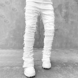 Yoawdats Men's Black Stacked Jeans Ripped Jeans Patch Distressed Destroyed Denim Trousers Streetwear Men Pants Hip Hop (White, L)