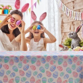 Spring Easter Vinyl Flannel Backed Tablecloth for Dining Room Kitchen Table Decor: Happy Ornate Decorate Decorative Eggs Pink Blue Green White-Ombre Egg 52" x 52"