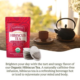 Starwest Botanicals Organic Hibiscus Tea - Caffeine Free Herbal Tea, Tea with Antioxidant Properties, String Free Sachets, USDA Organic Hibiscus Flower, Non GMO - 20 Tea Bags