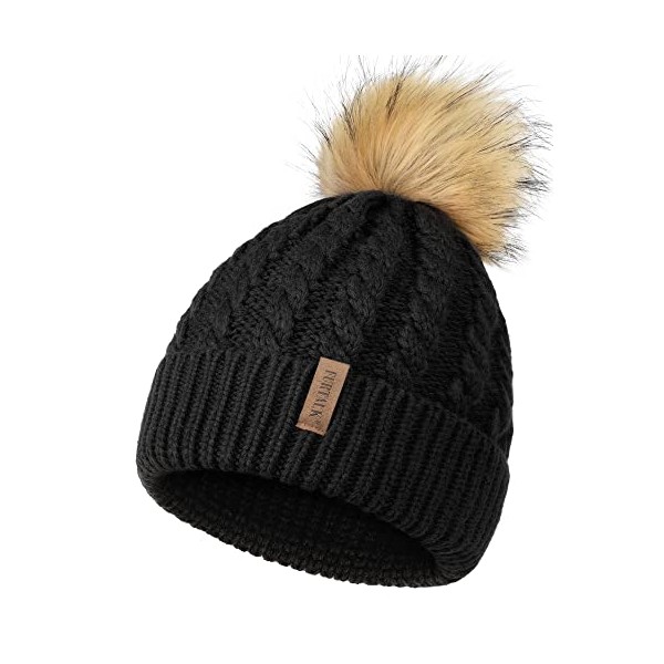 FURTALK Winter Beanie Hat for Women Warm Thick Cotton Lining Knit Bobble Skull Cap Fur Pom Pom Hats for Women