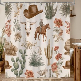 Cortina de ducha occidental, diseño de cactus tropicales, plantas del desierto, flores de granja, rústico, decoración de baño con ganchos, juego de cortina de baño de tela de poliéster, 72 x 72