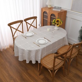 Gernaice Plaid 60x84 Inch Oval Tablecloth, Farmhouse Embroidered Fabric Checkered Table Cloth, Dust Proof Wrinkle Free Washable Table Cover for Party Kitchen Dining Picnic, Brown