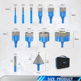 Diamond Tile Hole Saw Kit - ZNXIMER Porcelain Tile Drill Bits Set for Ceramic, Granite, Marble and More Drilling - 12pcs Diamond Core Drill Bits Set(6/8/10/20/25/28/32/35/45/65MM/2/10MM)
