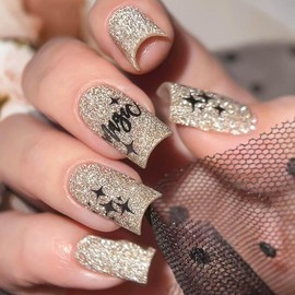 RUOKEXIN Medium Press on Nails Square Fake Nails Gold Glitter False Nails with Designs Medium Square Glue on Nails Sparkly Artificial Nails Cute Stick on Nails for Women 24Pcs