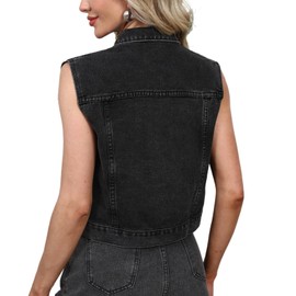 DvaeMalligo Jean Vest Top for Women Button Down Sleeveless Cropped Denim Jacket Waistcoat Gilet with Pockets Black L