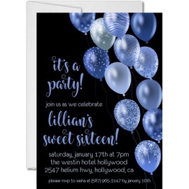 Royal Blue & Black Sweet 16 Invitations With Envelopes, Blue Sweet 16 Invitations