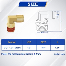 Daptemn 1/2" DOT Brass Air Brake Line Push to Connect Fittings, 5PCS Quick Connect Air Fittings 1/2" Tube OD X 3/8" NPT 90° Elbow Tube to Male Pipe Swivel for Truck Trailers Air Brake System