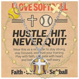 CNYTPE Softball Basketball Soccer Volleyball Cross Jewelry Gift Set – Silver Cross Ball Necklace & Gold Cross Bracelet, Inspirational Faith Sports Gift for Athletes, Coach & Niece (Softball)