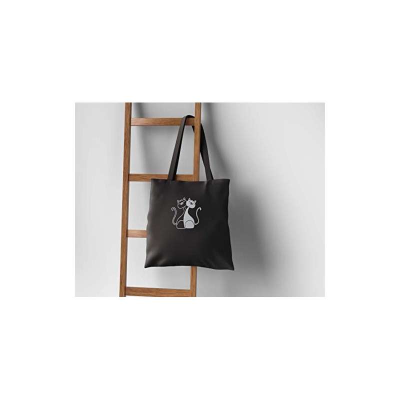 Cute Cat Tote Bag Black, Silver Metallic Print, Cat Gifts