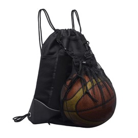 QIHUAN 1 Piece Drawstring Sports Backpack with 1 Piece Ball Mesh Bag, Adjustable Drawstring Backpack, Fitness Clothing Bag, Travel Organizer Bag, Large Capacity Sports Drawstring Bag (Black)
