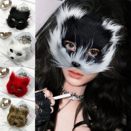 Halloween Zombie Party Long Fur Fox and Plush Half-Face Cat Mask for Parties and Masquerades Cosplay Brown Cat Mask 10ea