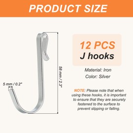 PATIKIL 2.3" J Hooks, 12 Pack Hook Wire Rack Hooks J Shaped Click-on Hooks, Hanging Sink Grid Hooks Hanger for Kitchen, Bedroom, Office, Silver Tone