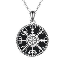 CUPENDA Viking Compass Necklace Sterling Silver Vegvisir Pendant Necklace with Black Onyx Norse Amulet Jewelry Gift for Women Men
