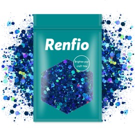 Renfio Holographic Blue Chunky Glitter, 3.5 Oz (100g) Metallic PET Flake Mixed Fine Powder Face Glitters for Craft Resin Pigment Tumbler Ornament Painting Hair Body Wedding Decor - Laser Royal Blue