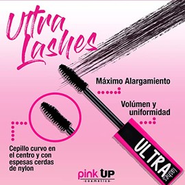 PINK UP  Ultra Lashes  Rimel de larga duración a prueba de agua  Cepillo curvo para máxima longitud y definición  Negro intenso sin grumos  Mascara...