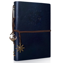 Joy & Inspiration PU Leather Notebook A5 with Refillable Kraft Paper Vintage Refillable Bound Beautiful Travel Diary Ring Binder Sketch Book Vintage Notebook (A5 Dark Blue)