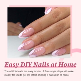 EternalClassic French Tip Press on Nails Medium Almond Pink Fake Nails with Glue False Nails with Sparkly Curve Line Design Glossy Glitter Acrylic Nails Press ons Full Cover Glue on Nails