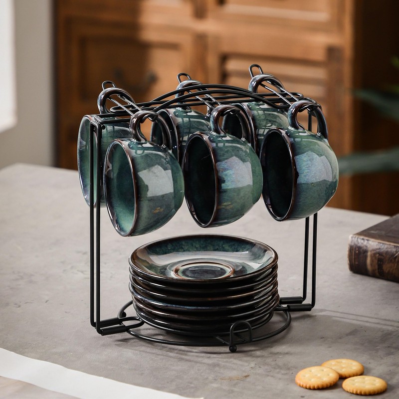 Leijosya 6 sets of 4OZ green coffee cup saucer sets,