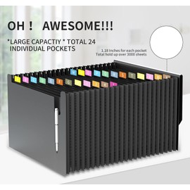 Vanulee 25 Pockets File Organiser Box File Folder,Document Organiser Concertina File Expanding Filing Folders for A4 Paperwork,Paper Bills Receipt Organiser,Black