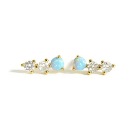 Sterling Silver Tiny Fire Opal Cubic Zirconia Ear Climber Stud Earrings Handcrafted In USA 18K Gold Blue Opal (One Pair)