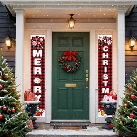 Merry Christmas Door Banner Set, Buffalo Plaid Red Black Porch Sign, Snowflake Winter Holiday Welcome Decorations, Large Vertical Banners