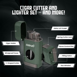 CUBARO Cigar Lighter with V Cutter – Triple Jet Torch Flame, Spring Lock Cutter, Flip Lid, Cigar Holder – Refillable Butane Windproof Lighter Gift for Men – Matte Green (NO Butane)