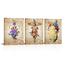 iHAPPYWALL 3 Pieces Medical Office Wall Decoration Set Flower Caduceus Heart Anatomy Syringe Medical Office Inspirational Quote Print for Home Hospital Clinic Ready to Hang 12x16inchx3pcs