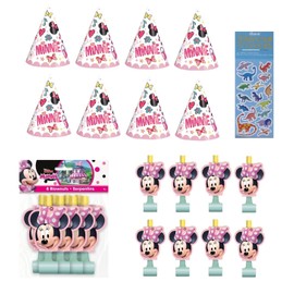 Unique Minnie Mouse Birthday Party Supplies Activity Bundle Pack includes 8 Kid's Party Cone Hats, 8 Party Blowouts, 1 Dinosaur Sticker Sheet