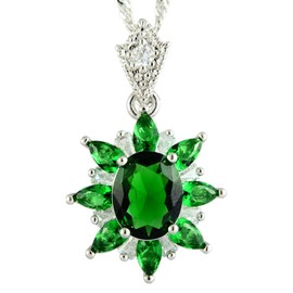 RIZILIA Oval Simulated Green Emerald 18K White Gold Plated Flower Pendant Necklace Curb Chain