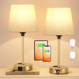 Acaxin Lamp for bedrooms Set of 2 - Nightstand Bedroom Lamp with USB C Port and AC Outlet Charging, 3 Way Dimmable Touch Control Bed Side Table Lamp, Small Night Stand Light for Kids/Guest Room