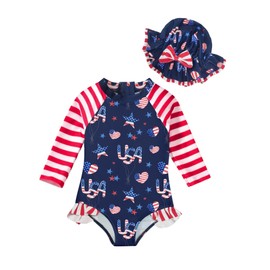 BOMDEALS Baby Girl 4th of July Swimsuit - Kids One Piece Bathing Suit with Hat Long Sleeve Rash Guard American Flag Swimwear(Navy,12Months,1532b)