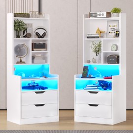 BTHFST Tall Nightstand Set of 2, LED Nightstand with Charging Station, Bedside Table with Shelves and 2 Drawers, Tall End Side Table with LED Lights and Storage, White