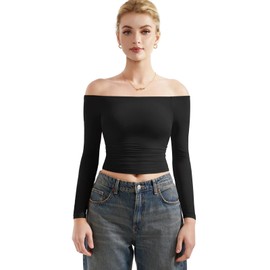 SUUKSESS Women Off The Shoulder Double Lined Long Sleeve Shirts Fitted Y2k Basic Going Out Tops (Jet Black, XS)