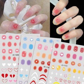 Simple Style Holographic 3D Self-Adhesive Blush Nail Sticker, Love Heart Line Stars Decals Design for Women Girls Manicure Charms Decorations DIY Resin Nail Art Tips