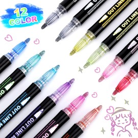 Doodle Markers,12 Colors Outline Metallic Markers Double Line Pens, Paint Permanent Marker Pens for Art, Drawing, Thank You Cards, Greeting Cards, Rock Painting