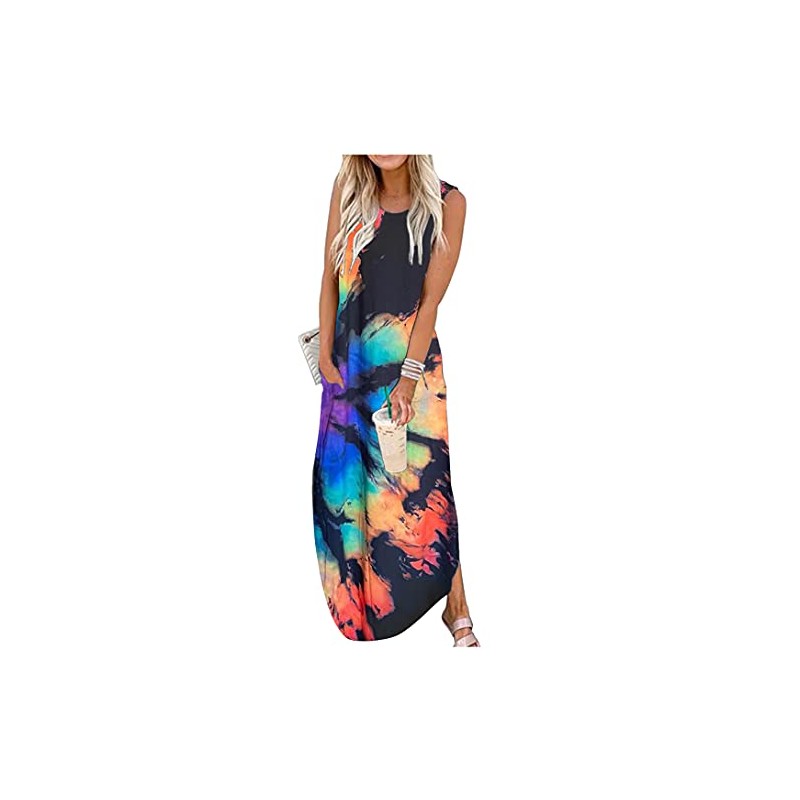 Rainbow Graphics Summer Dress Womens Sleeveless Pocket Maxi Dress Summer