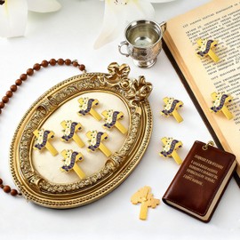 Kigeli 50 Pcs First Communion Religious Christian Cross Brooch Pin Bulk Gold First Communion Lily Cross Enamel Lapel Pin for Chaplain Church Services Catholic Schools Week(He is Risen)