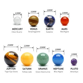 9 Planets Solar System Desk Decor - Tumbled Crystal Gemstone Ball Set with Display Stand - Healing Stones for Space Lovers, Astronomy Gifts, Science Classroom Model