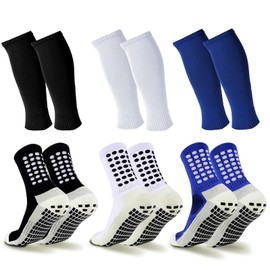 Barrlves 3 Set Kids Grip Soccer Socks and Shin Guard Sleeves Football Basketball Training for Age 7-14 Boys Girls (US, Alpha, One Size, Regular, 3 Set Beige Black White Blue)