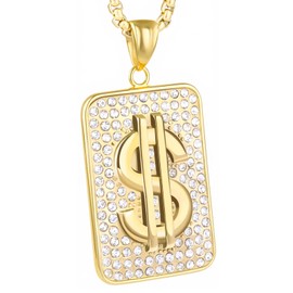 LuxGoth Stainless Steel Dollar Sign Necklace,Rhinestone Fake Gold Money Square Pendant Chain Jewelry for Men Women GTS-N6D66702
