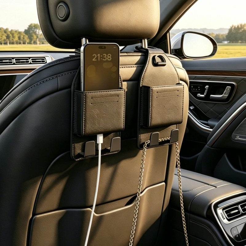 Car Seat Headrest Hooks with Phone Holder,Storage Pouch with Hook
