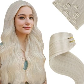 LaaVoo Human Hair Clip in Extensions Platinum Blonde Clip in Hair Extensions Remy Human Hair Blonde Human Hair Extensions Clip in White Blonde Natural Straight 12 Inch 5pcs/80g