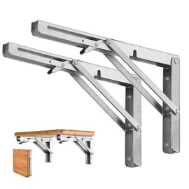 Folding Shelf Brackets - Heavy Duty Stainless Steel Collapsible Shelf Bracket for Bench Table, Space Saving DIY Bracket, Max Load: 550lb （Long :16” , 2 PCS）
